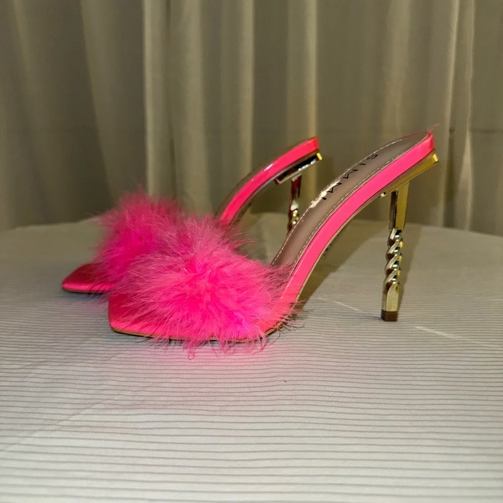 Hot Pink Fluffy Heeled Sandals - Picture 4 of 4
